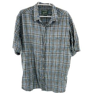 Woolrich short sleeve button up cotton men’s shirt blue green plaid casual